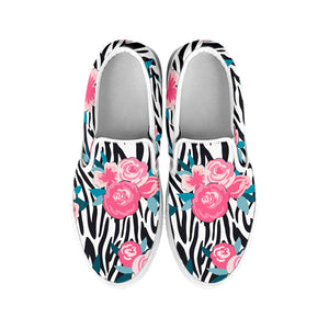 Black White Zebra Floral Pattern Print White Slip On Sneakers