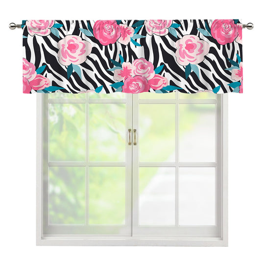 Black White Zebra Floral Pattern Print Window Valance