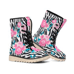 Black White Zebra Floral Pattern Print Winter Boots