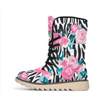 Black White Zebra Floral Pattern Print Winter Boots