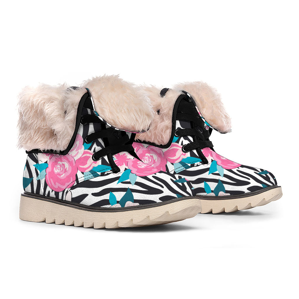 Black White Zebra Floral Pattern Print Winter Boots