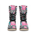 Black White Zebra Floral Pattern Print Winter Boots