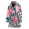 Black White Zebra Floral Pattern Print Women's Bathrobe