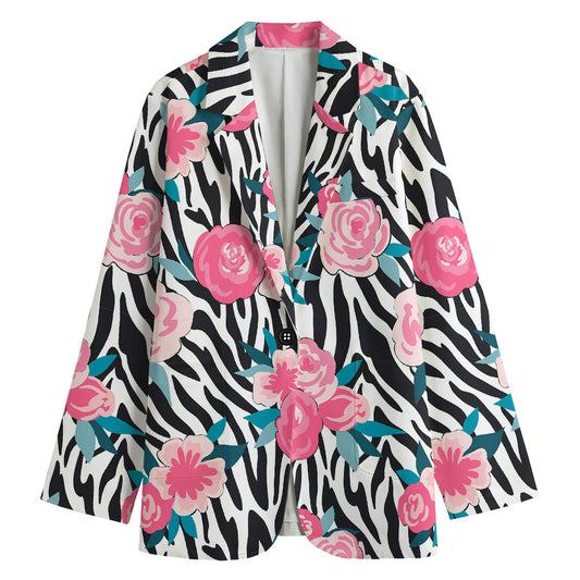 Black White Zebra Floral Pattern Print Women's Blazer