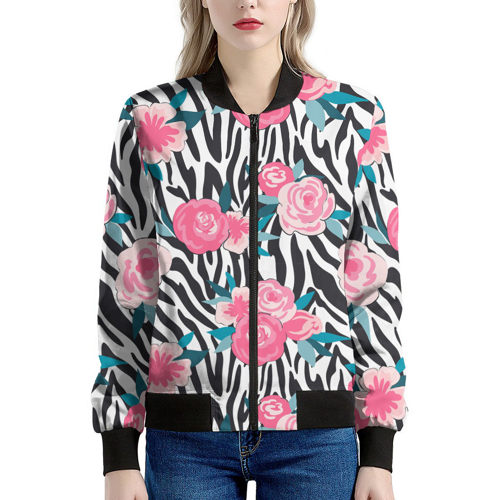 Black White Zebra Floral Pattern Print Women's Bomber Jacket