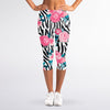 Black White Zebra Floral Pattern Print Women's Capri Leggings