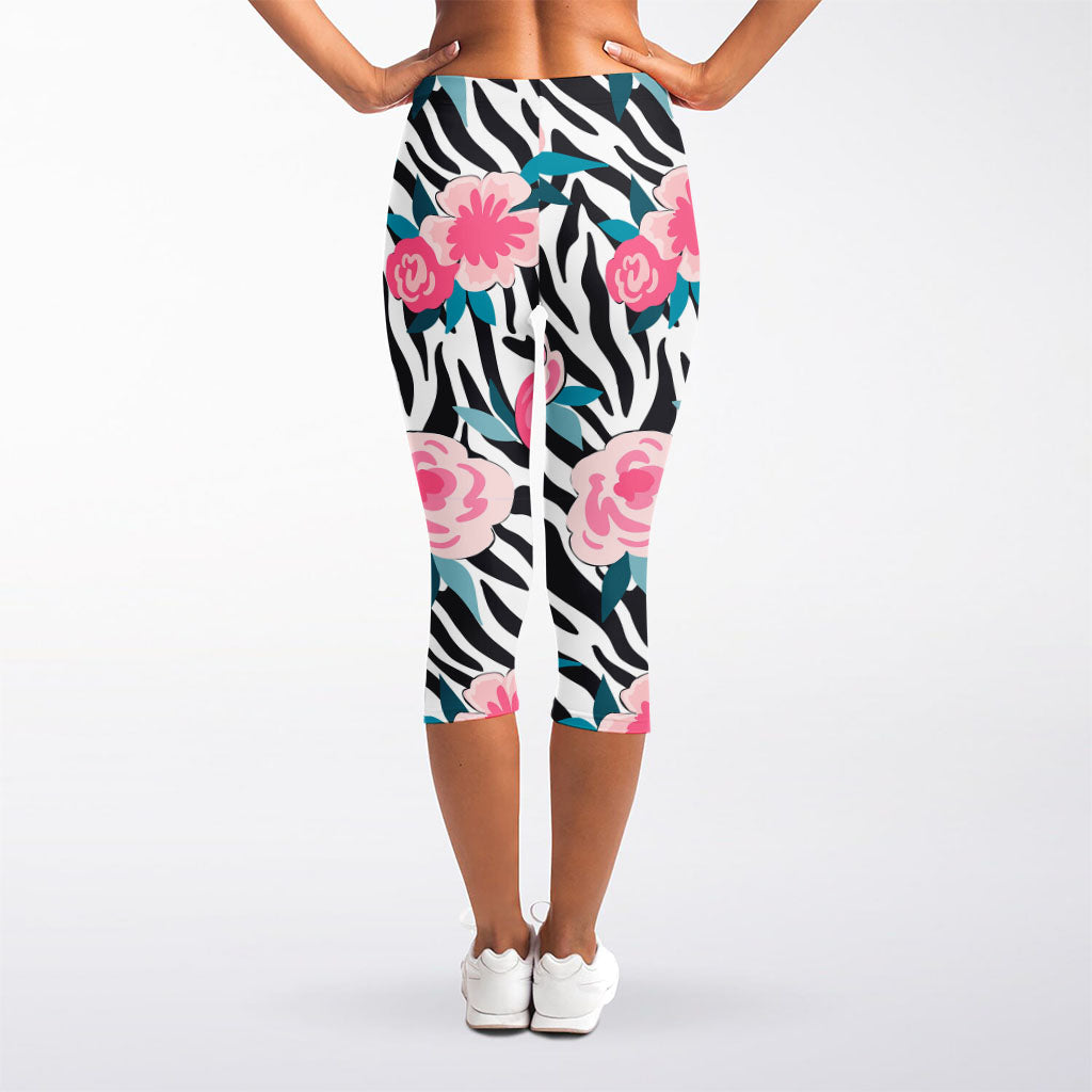 Black White Zebra Floral Pattern Print Women's Capri Leggings