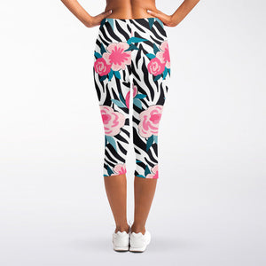 Black White Zebra Floral Pattern Print Women's Capri Leggings