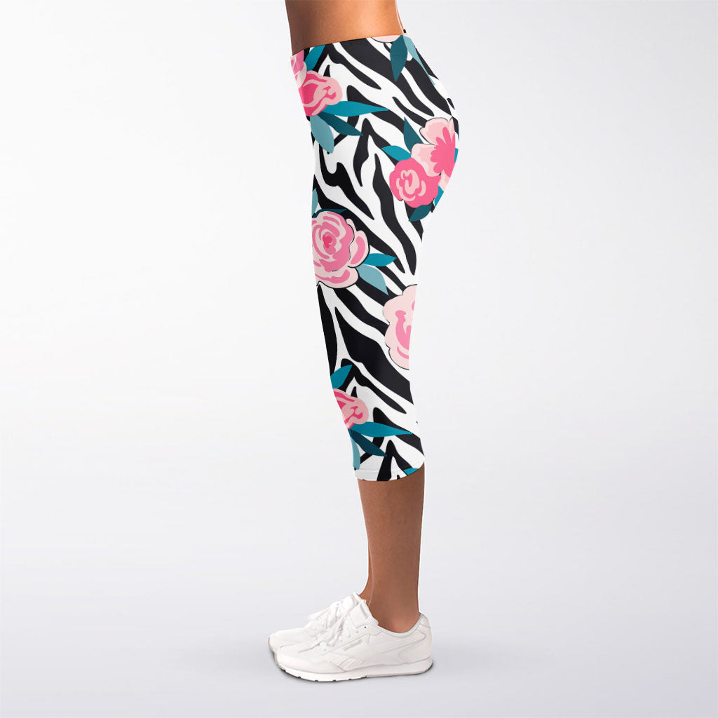 Black White Zebra Floral Pattern Print Women's Capri Leggings