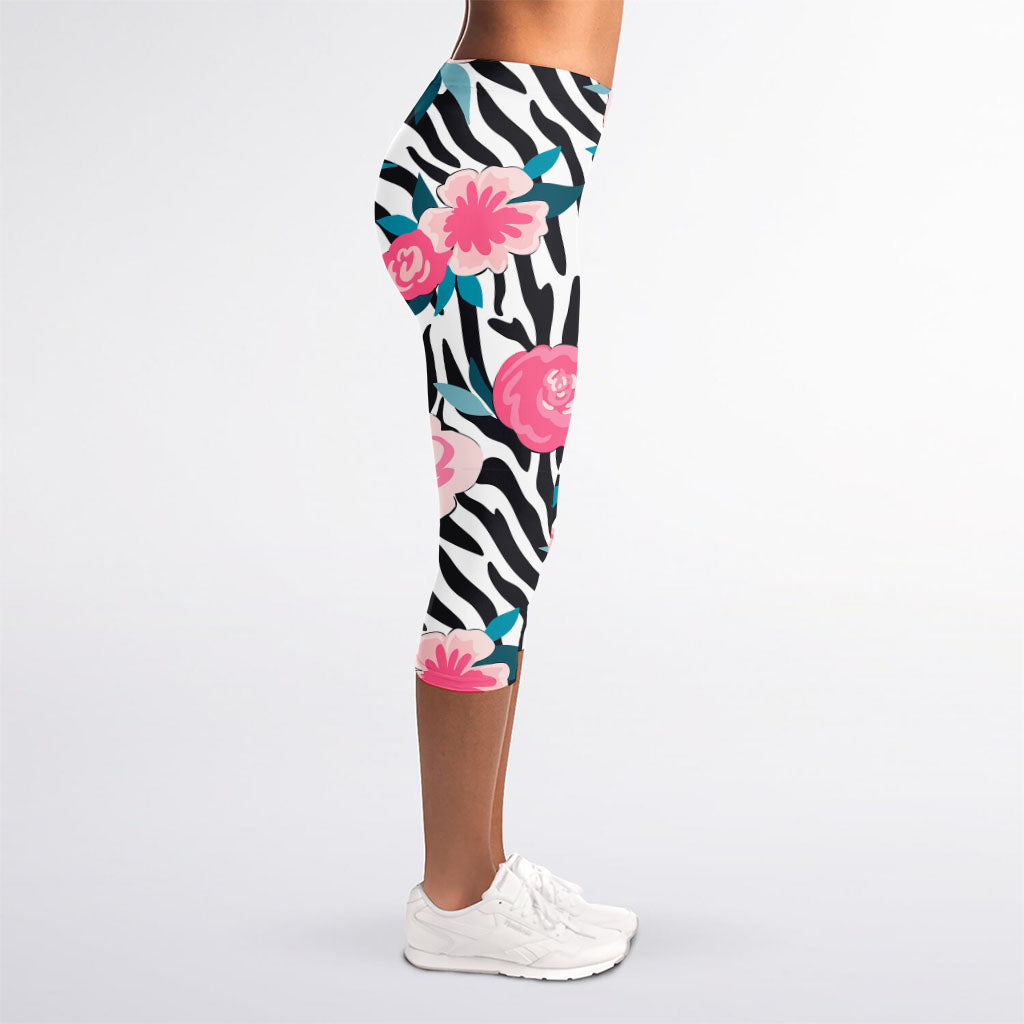 Black White Zebra Floral Pattern Print Women's Capri Leggings