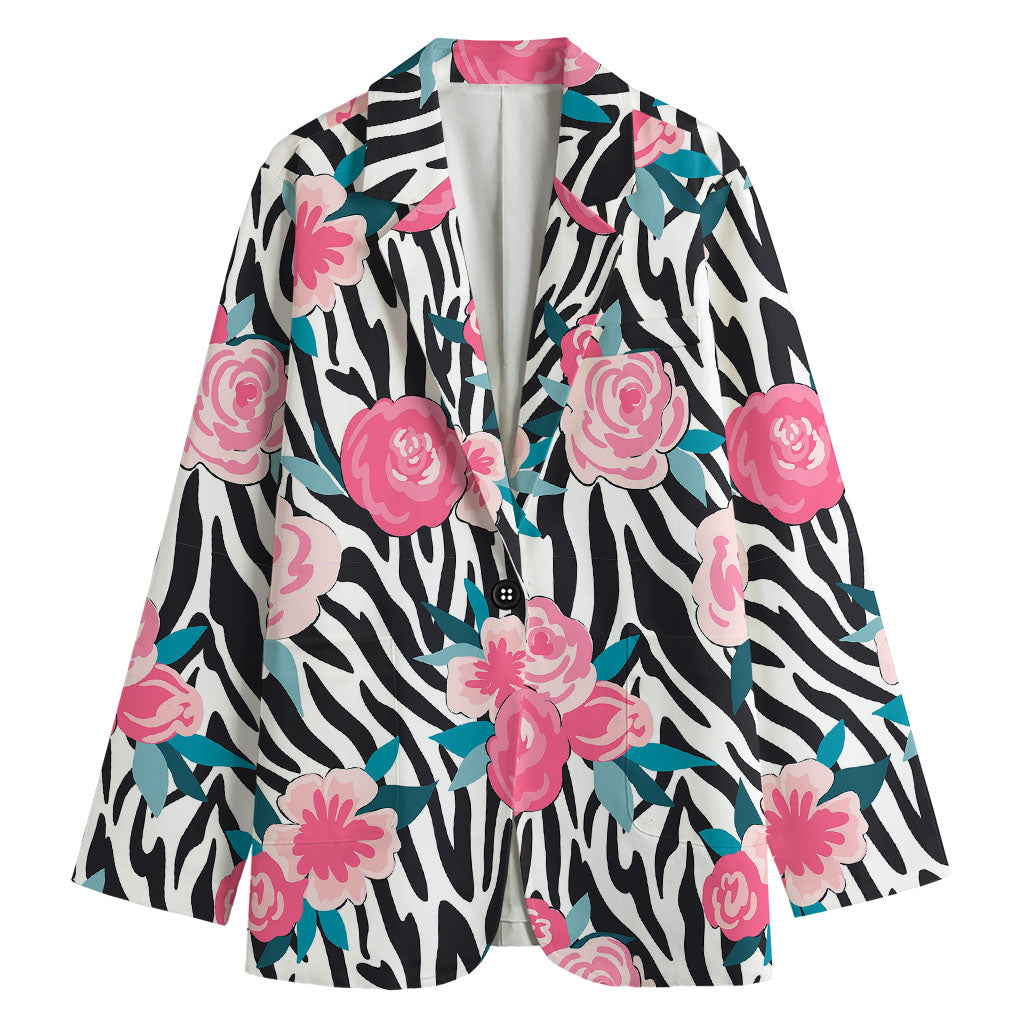 Black White Zebra Floral Pattern Print Women's Cotton Blazer