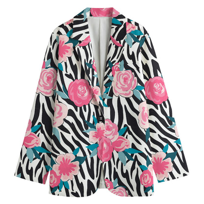 Black White Zebra Floral Pattern Print Women's Cotton Blazer