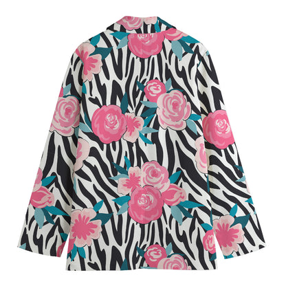 Black White Zebra Floral Pattern Print Women's Cotton Blazer