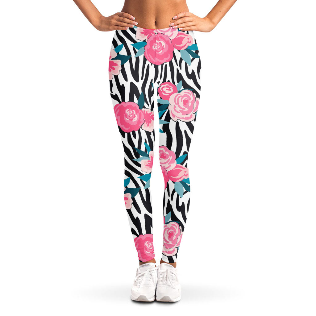 Black White Zebra Floral Pattern Print Women's Leggings