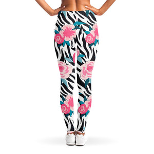 Black White Zebra Floral Pattern Print Women's Leggings