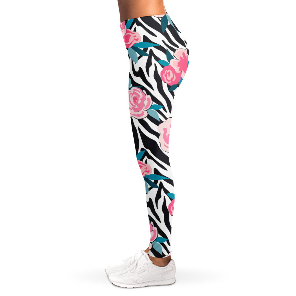 Black White Zebra Floral Pattern Print Women's Leggings