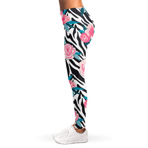 Black White Zebra Floral Pattern Print Women's Leggings