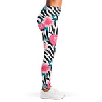 Black White Zebra Floral Pattern Print Women's Leggings