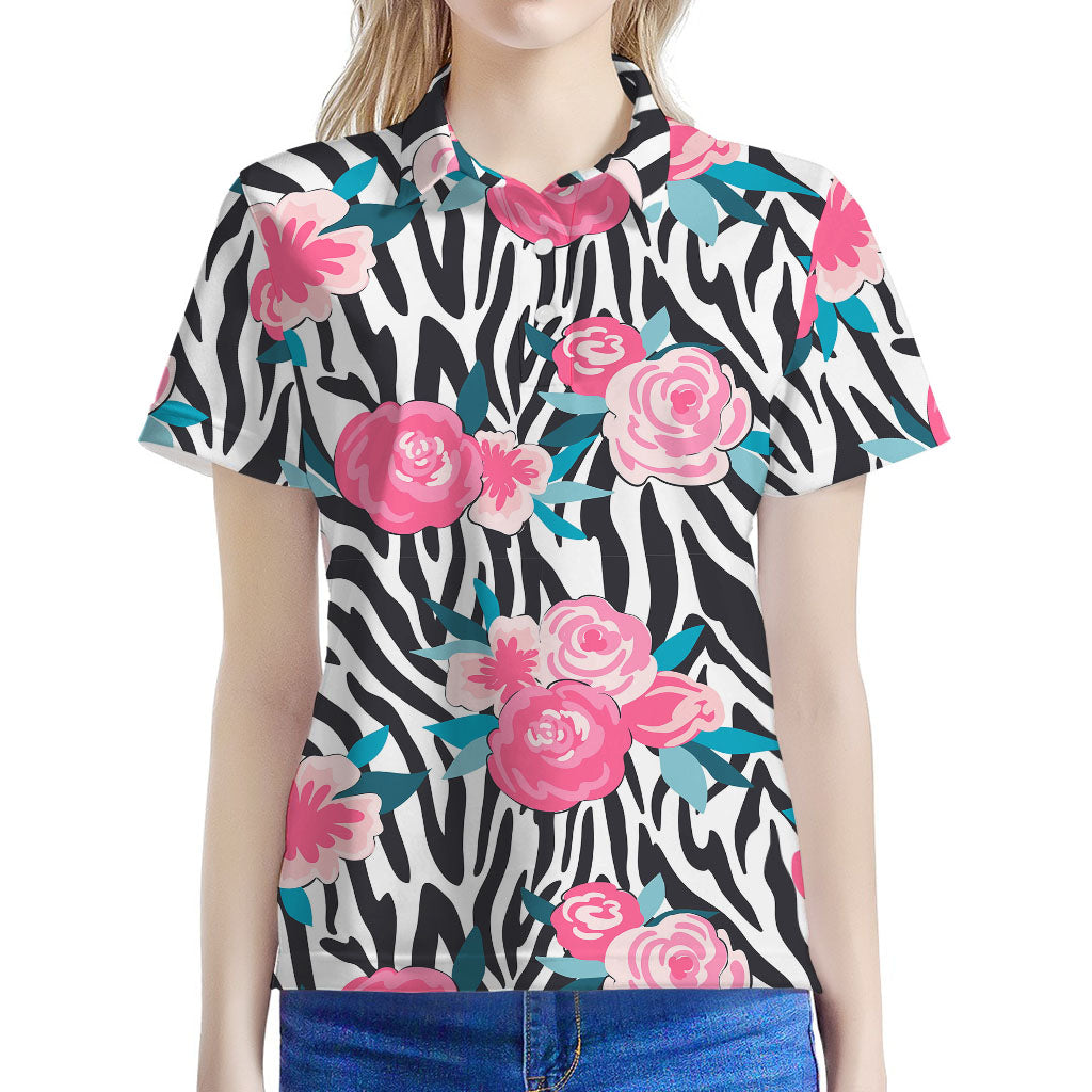 Black White Zebra Floral Pattern Print Women's Polo Shirt