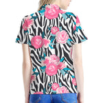 Black White Zebra Floral Pattern Print Women's Polo Shirt