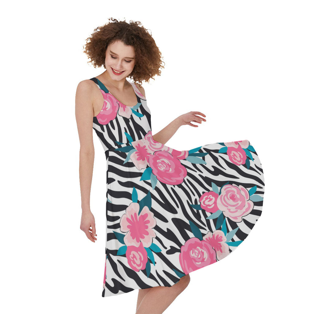 Black White Zebra Floral Pattern Print Women's Sleeveless Dress