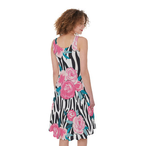 Black White Zebra Floral Pattern Print Women's Sleeveless Dress