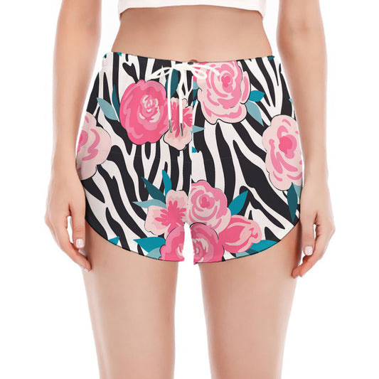 Black White Zebra Floral Pattern Print Women's Split Running Shorts
