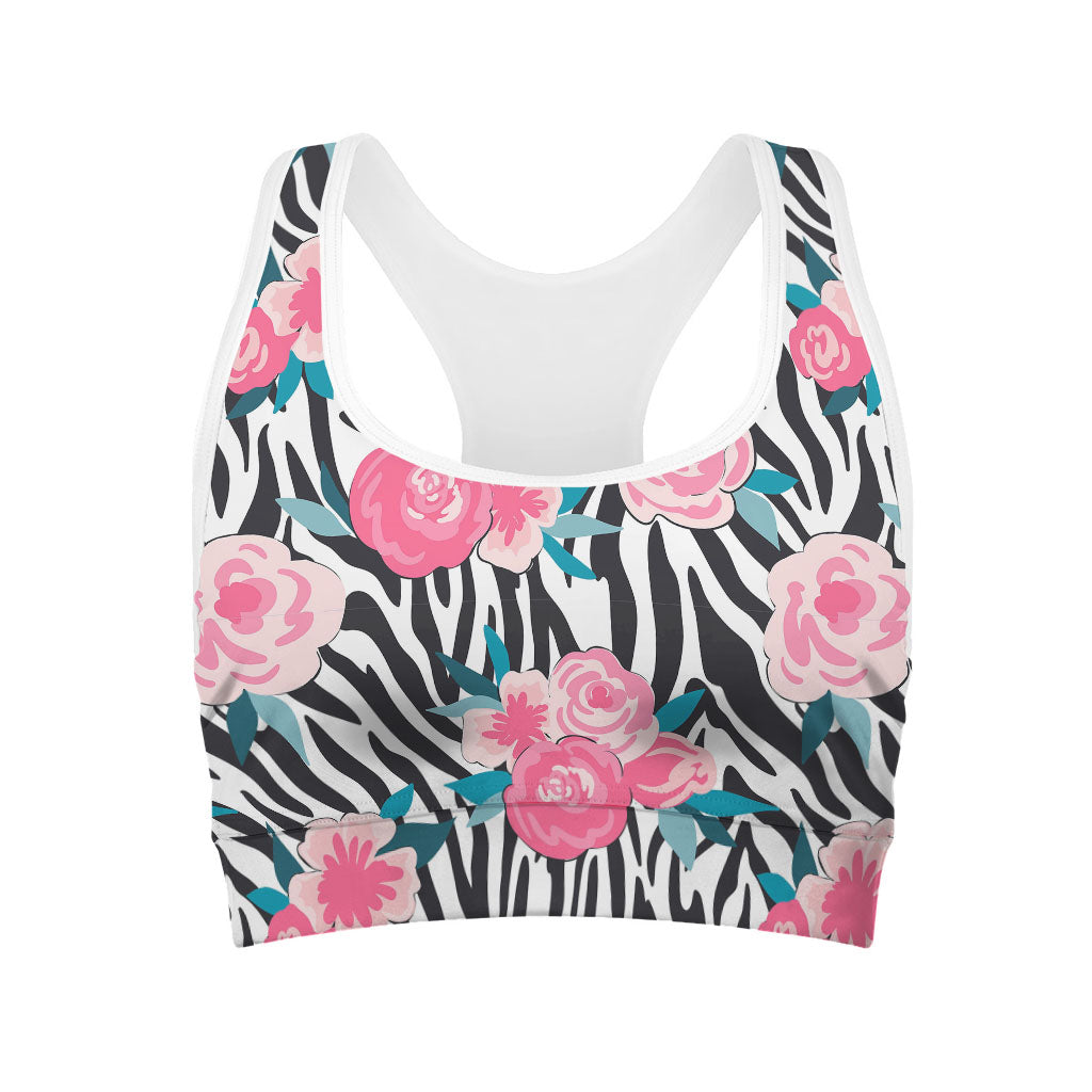 Black White Zebra Floral Pattern Print Women's Sports Bra