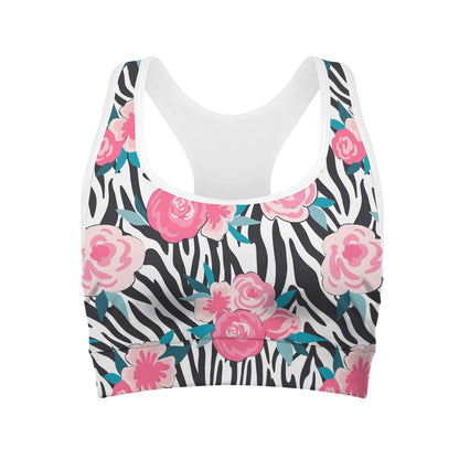 Black White Zebra Floral Pattern Print Women's Sports Bra