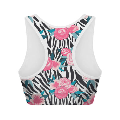 Black White Zebra Floral Pattern Print Women's Sports Bra