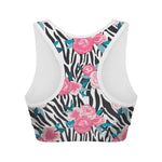 Black White Zebra Floral Pattern Print Women's Sports Bra