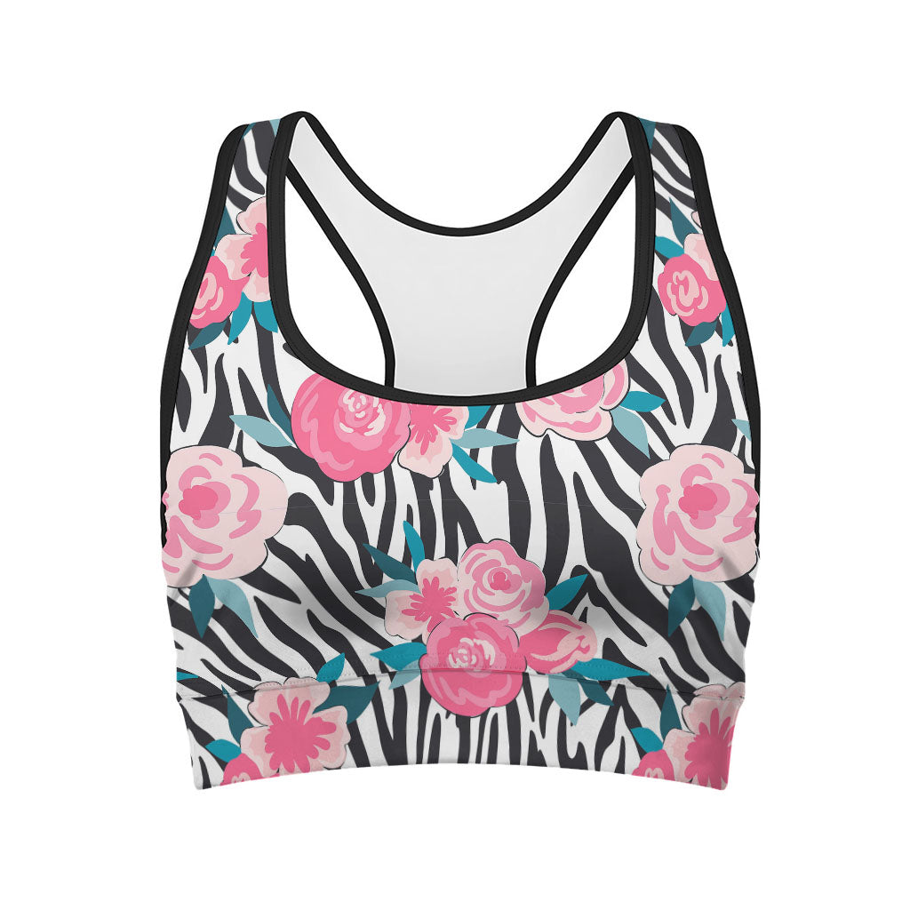 Black White Zebra Floral Pattern Print Women's Sports Bra