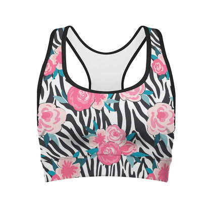 Black White Zebra Floral Pattern Print Women's Sports Bra