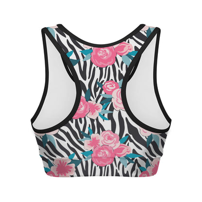 Black White Zebra Floral Pattern Print Women's Sports Bra