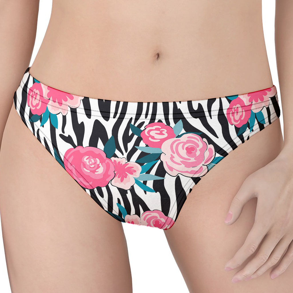 Black White Zebra Floral Pattern Print Women's Thong