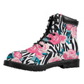 Black White Zebra Floral Pattern Print Padded Collar Lace Up Boots