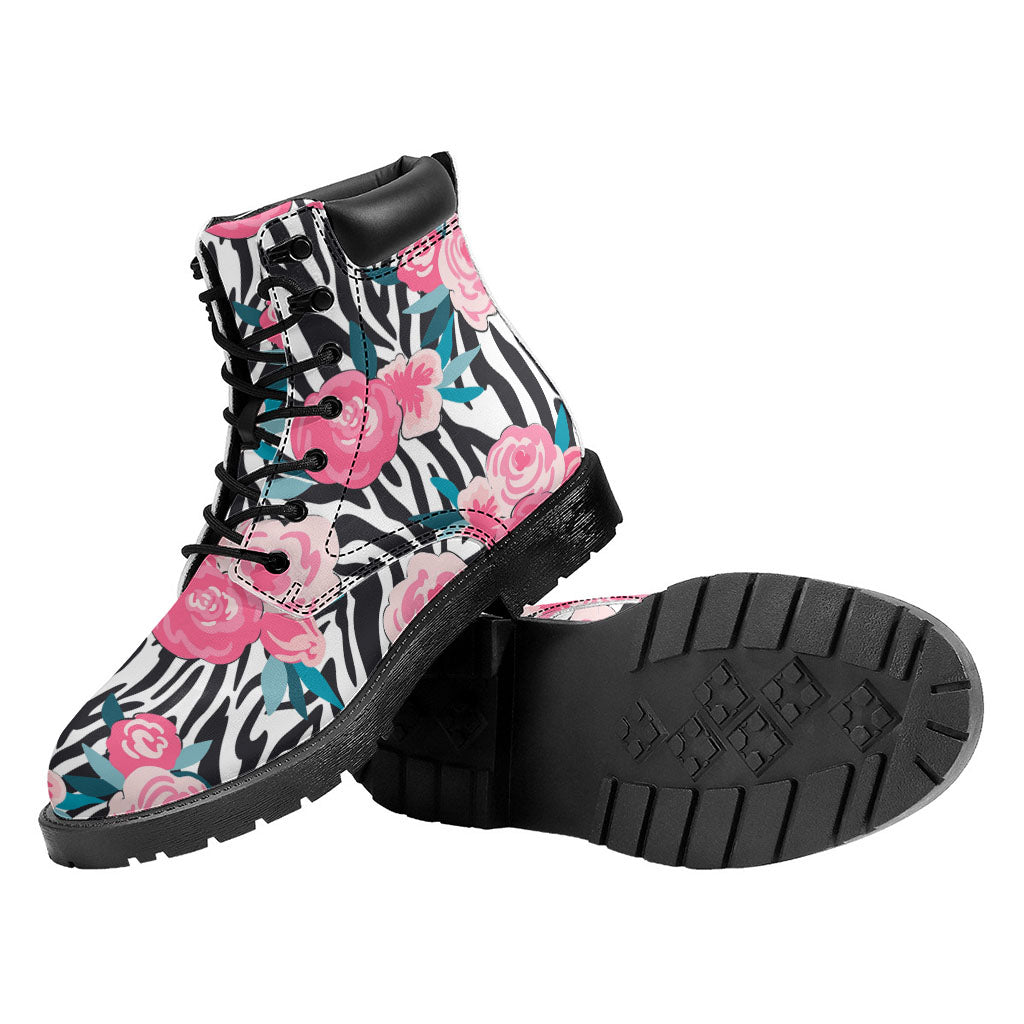 Black White Zebra Floral Pattern Print Work Boots