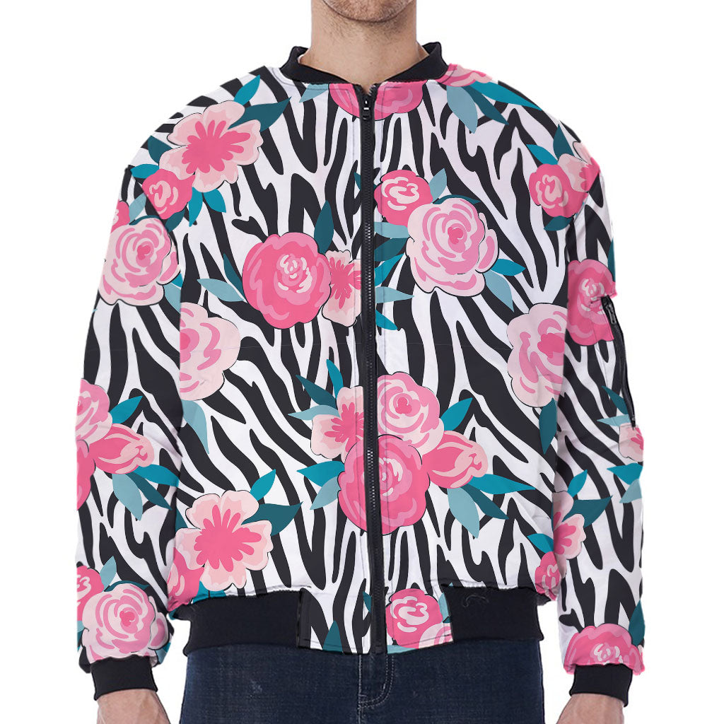 Black White Zebra Floral Pattern Print Zip Sleeve Bomber Jacket