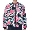 Black White Zebra Floral Pattern Print Zip Sleeve Bomber Jacket