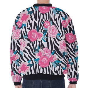 Black White Zebra Floral Pattern Print Zip Sleeve Bomber Jacket