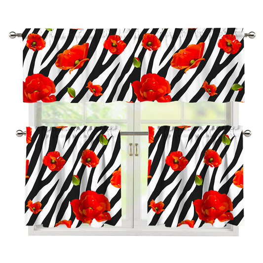 Black White Zebra Flower Pattern Print 3 Piece Kitchen Curtains