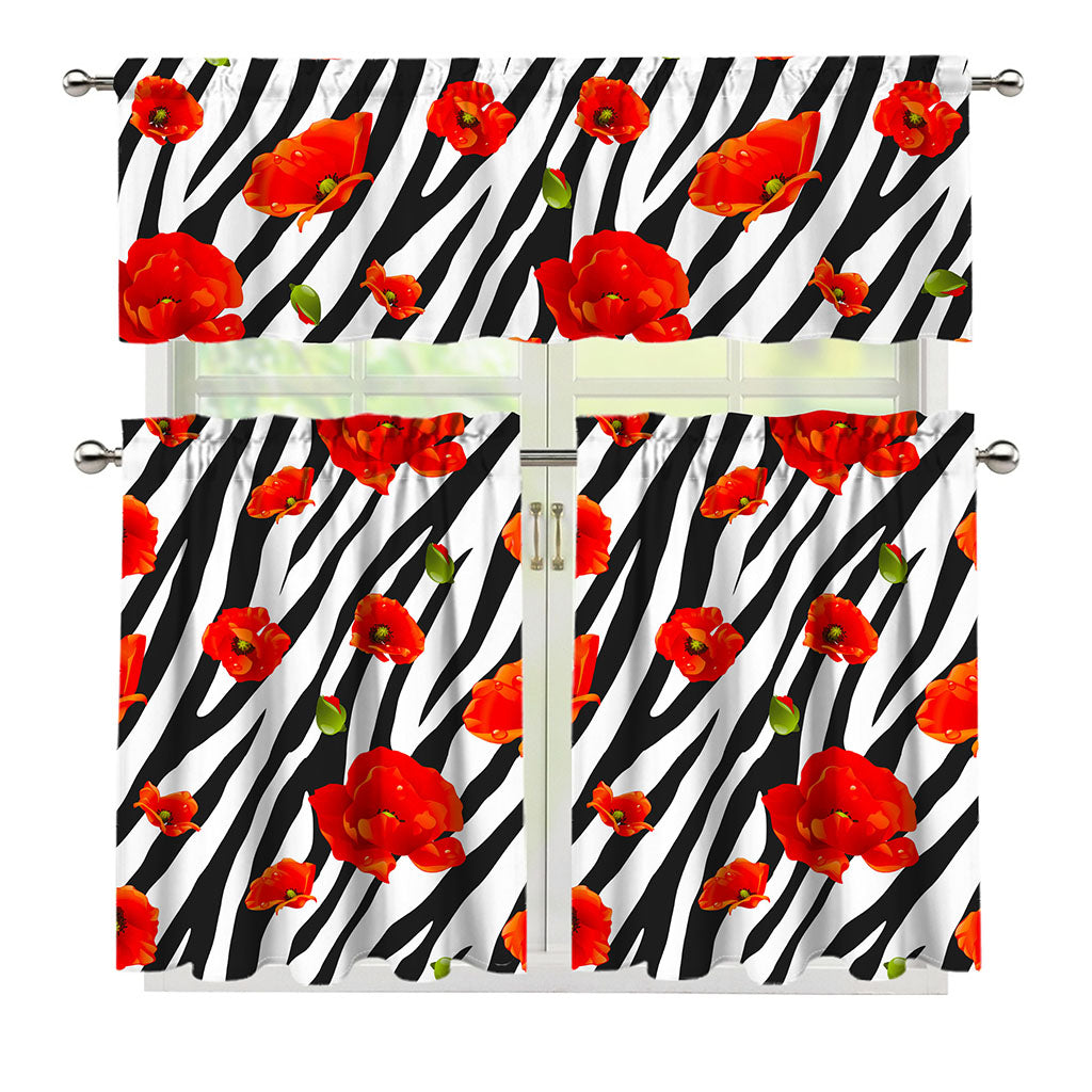 Black White Zebra Flower Pattern Print 3 Piece Kitchen Curtains