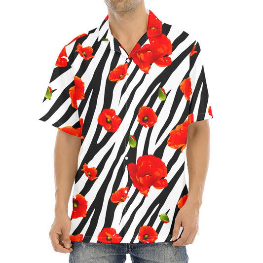 Black White Zebra Flower Pattern Print Aloha Shirt