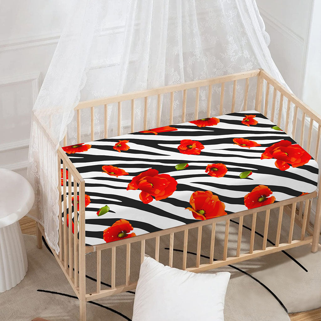 Black White Zebra Flower Pattern Print Baby Crib Sheet