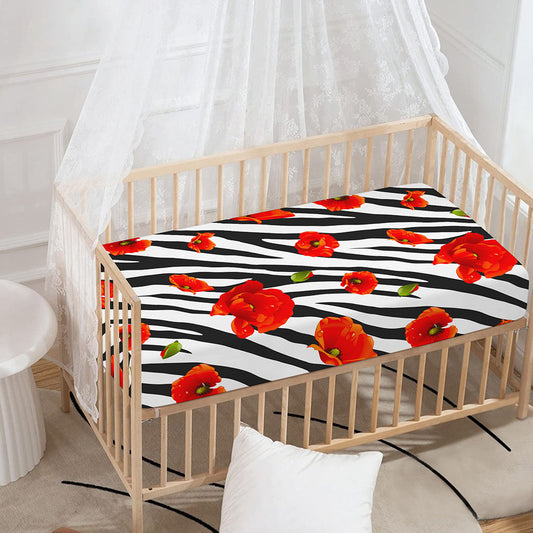 Black White Zebra Flower Pattern Print Baby Crib Sheet