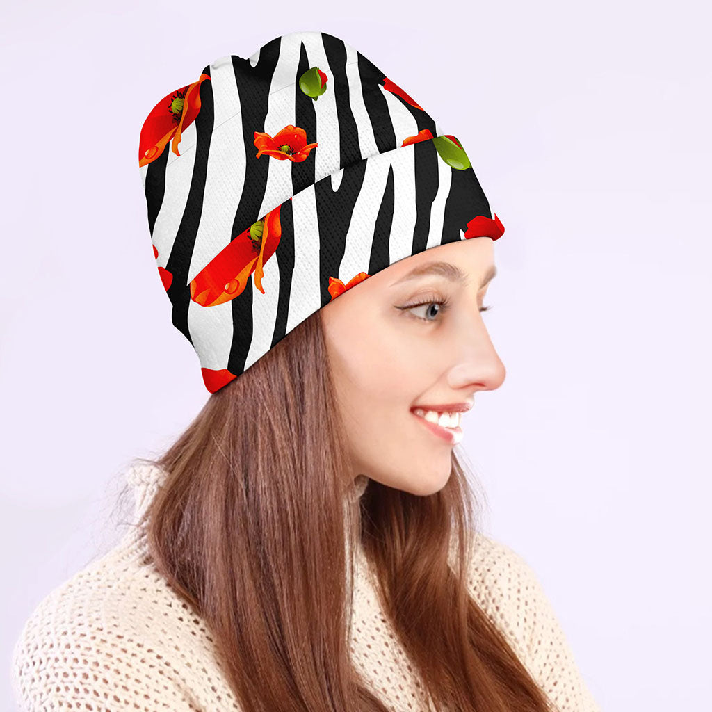 Black White Zebra Flower Pattern Print Beanie