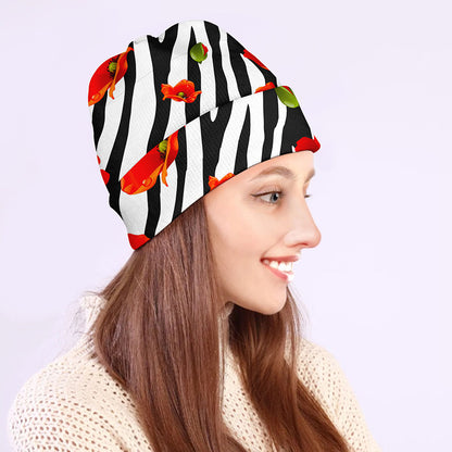 Black White Zebra Flower Pattern Print Beanie