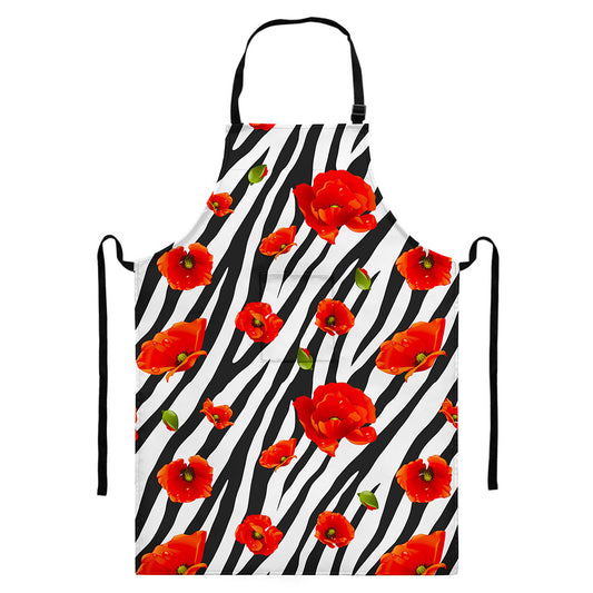 Black White Zebra Flower Pattern Print Bib Apron With Pocket