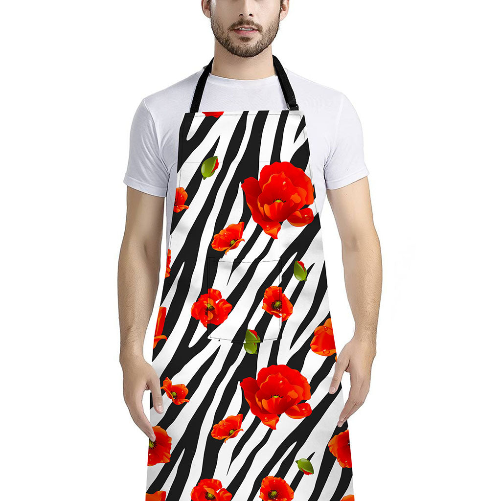 Black White Zebra Flower Pattern Print Bib Apron With Pocket