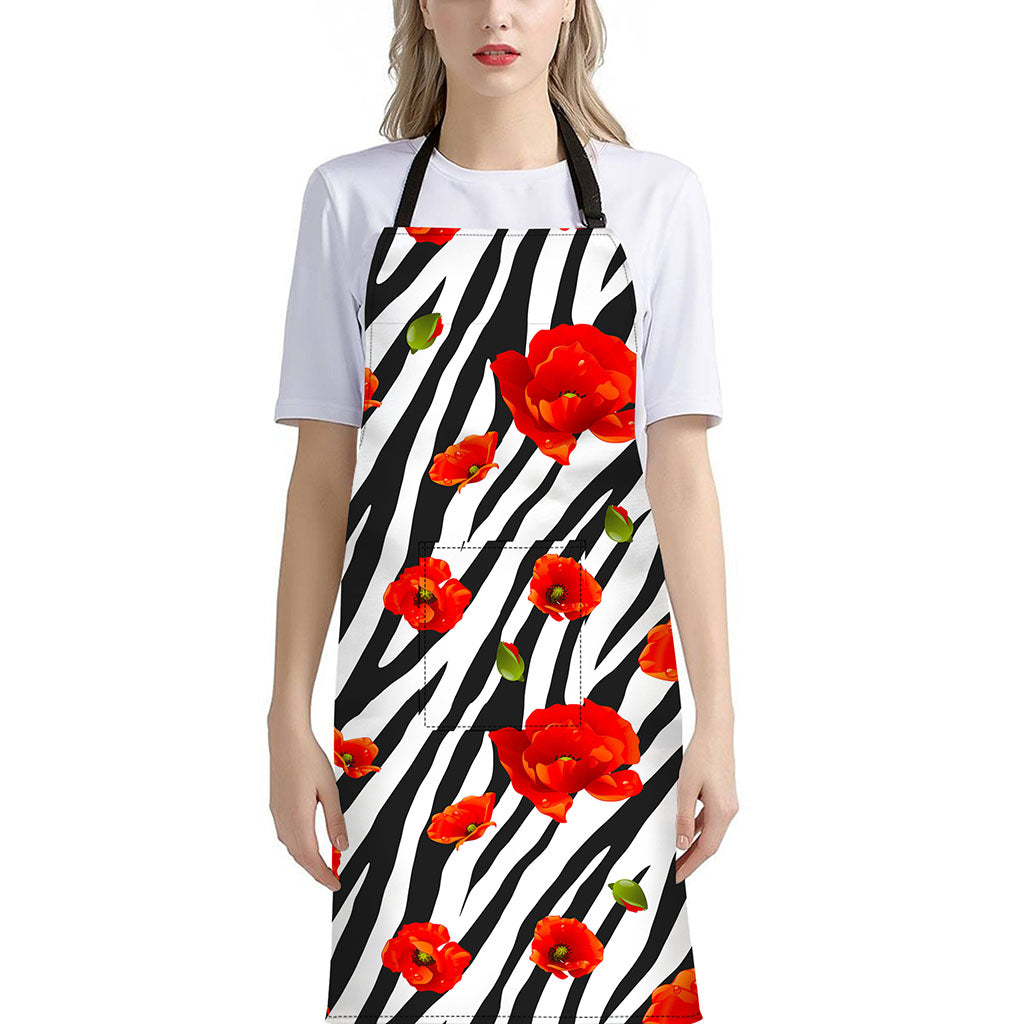 Black White Zebra Flower Pattern Print Bib Apron With Pocket